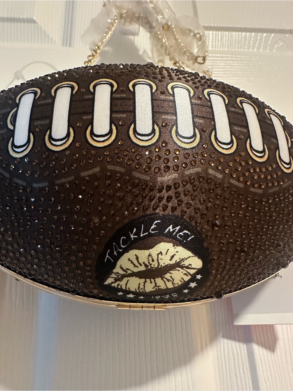 Betsey Johnson Football Shaped Evening Clutch in Dark Brown with Gold Chain new - Picture 3 of 6